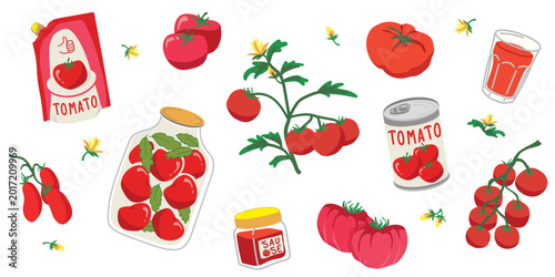 Tableau sur toile Tomato Collection Set with Sauce, Juice, Preserves and Fresh Produce for Food Pa