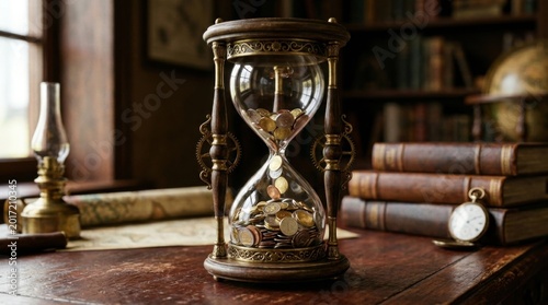 Vintage Hourglass Filled With Gold Coins On A Wooden Desk In A Classic Study Room.