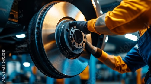Brake installation process automotive workshop mechanical action indoor environment close-up view industrial concept for enhanced performance