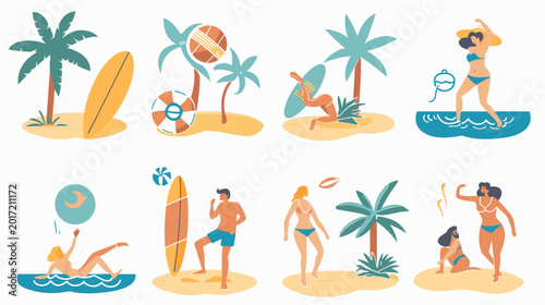 Billede på lærred Pixel Art Tropical Beach Scene With Surfers Palm Trees And Sunbathers