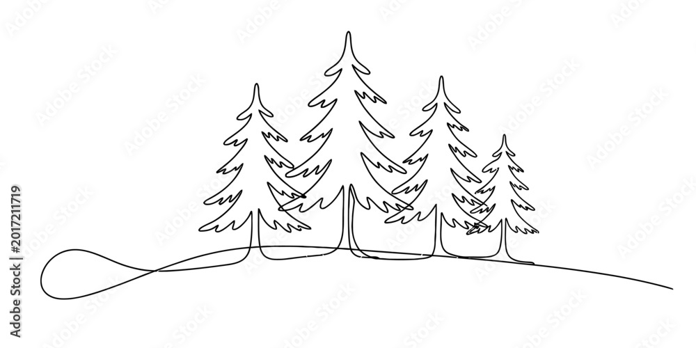 Fototapeta premium Minimalist continuous line drawing of pine trees on a gentle hill Vector, illustration