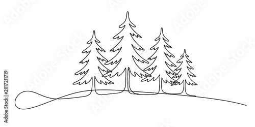 Minimalist continuous line drawing of pine trees on a gentle hill Vector, illustration