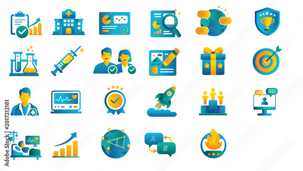 Fototapeta premium Colorful business and productivity icons isolated on white background.