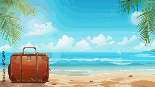 Bild auf Leinwand Retro Luggage on Sandy Beach Tropical Vacation Destination with Ocean and Palm T