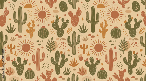 boho desert cactus seamless pattern sun western background design