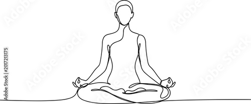 Continuous line drawing of a person meditating in lotus position, minimalist yoga illustration