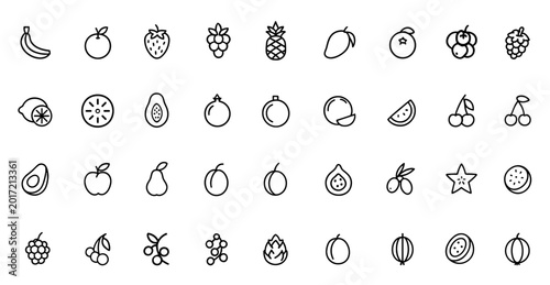 Photos Vector fruits icon set: thin linear pictograms of banana, orange, strawberry, gr