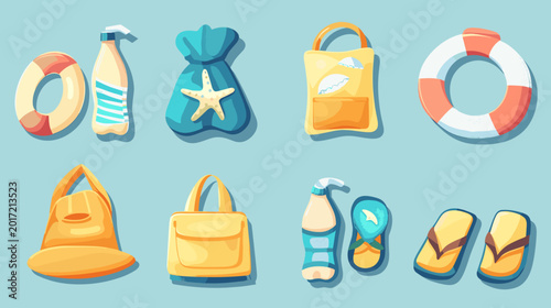 Bild auf Leinwand Summer Beach Essentials Collection Featuring Bags Flip Flops Sunscreen And Life