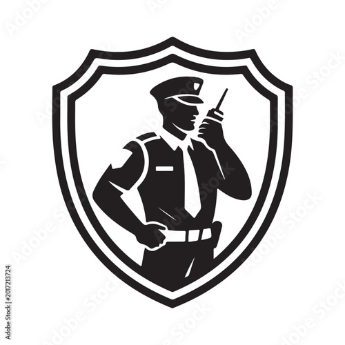 Security guard shield emblem in black and white vintage style silhouette illustration high quality professional detailed