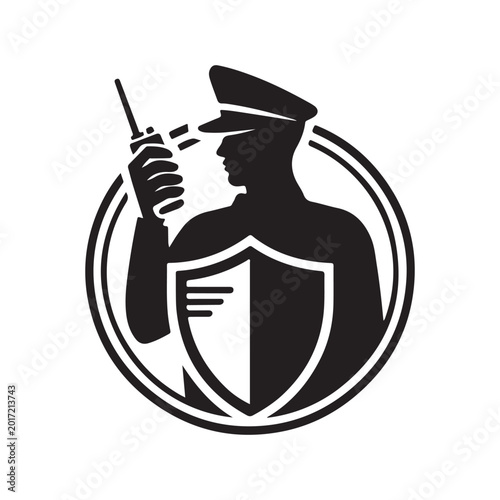 Security guard silhouette with walkie talkie and shield in circular frame high quality professional detailed modern