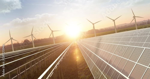 Solar power array and wind turbines under bright sun in green field. Sustainable Green Energy Related 3D Animation.