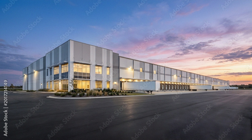 Obraz premium Modern Logistics Center with Loading Docks at Dawn for Global Supply Chain