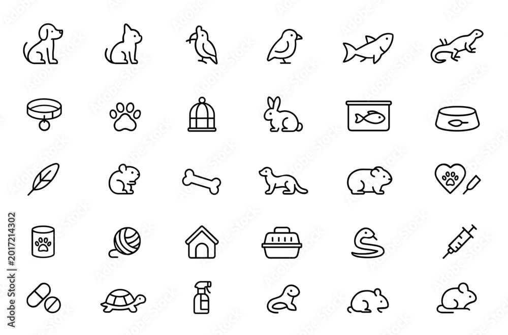 Fototapeta premium Vector pets icon set: thin linear pictograms of domestic animals including dog, cat, bird, rabbit, fish, lizard; minimalist line illustrations for animal lovers, pets, vector, design, icons