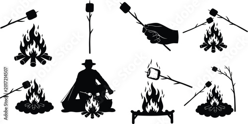 Fotografi Silhouette of marshmallows roasting over campfire illustration vector