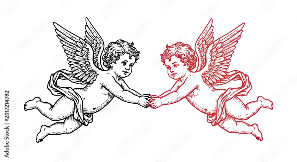 Fototapeta premium Two Cherubs Holding Hands, Love and Romance Symbol, Vintage Style Illustration