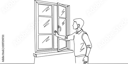 Obraz na płótnie Man opening casement window, fresh air, ventilation concept, line art illustrati