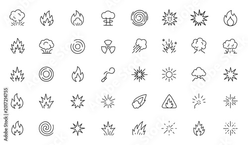 Canvastavla Blast explosion icon set: vector thin linear pictograms of detonation, fireball, shockwave, burst, chemical explosion, meteor impact, powerful explosion symbols, energy, danger, hazard and more