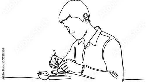 Fotografie Continuous line drawing of a man focused on delicate pottery crafting, creating