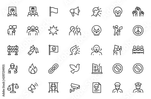 Photos Civil Unrest and Political Extremism icon set: Thin linear vector pictograms illustrating societal conflicts, protest, rebellion, propaganda, Molotov cocktail, political prisoner