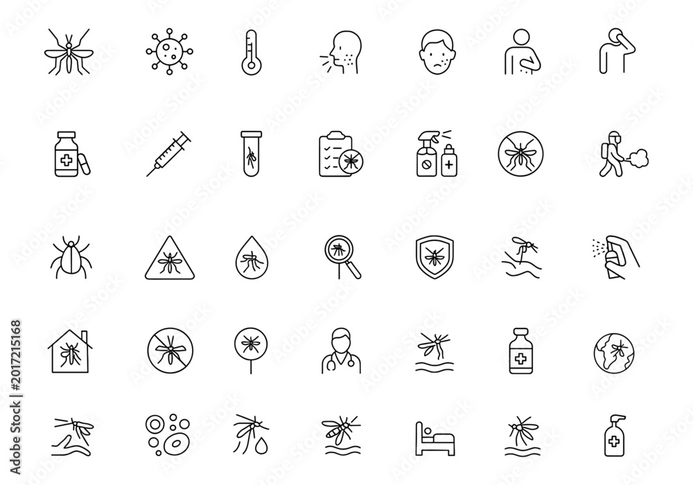 Fototapeta premium Vector line icon set of mosquito-borne diseases: thin linear illustrations of malaria, dengue, virus, fever, rash, symptoms, vaccine, injection, test, spray, repellent, fumigation, pictograms and more