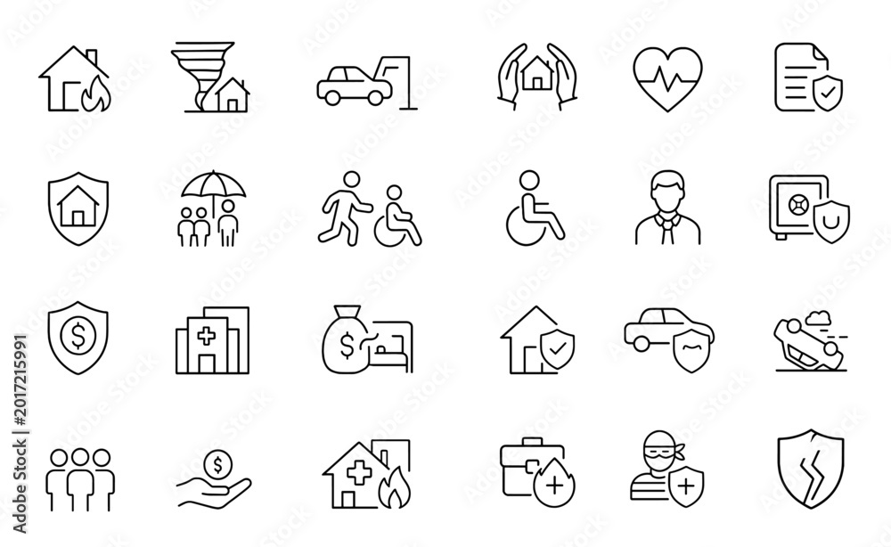 Fototapeta premium Property insurance icon set: vector glyph pictograms of disaster, fire, tornado, accident, automobile, car, travel, disability, document, agent, black silhouette signs, illustration and more.