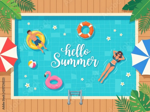 Overhead view of people relaxing in a swimming pool with colorful inflatable floats and tropical palm leaves