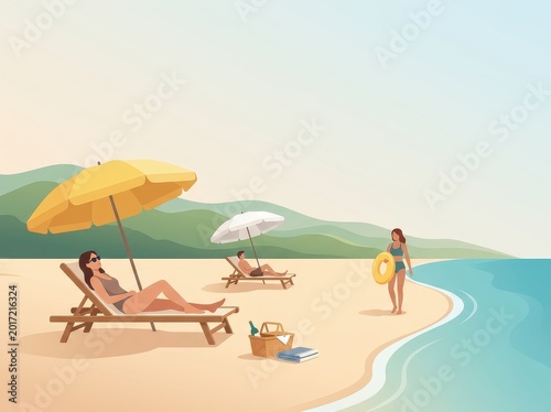 People relaxing on a sunny sandy beach with umbrellas and lounge chairs by the calm blue ocean water landscape