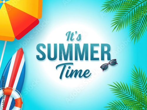 Summer time with colorful surfboard beach umbrella and sunglasses on a tropical blue background