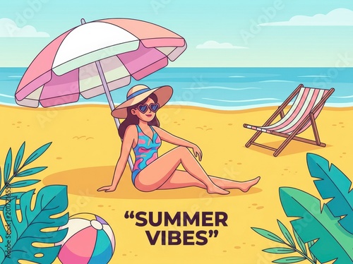 Summer vibes of a woman relaxing on the beach under a parasol with tropical foliage relaxation