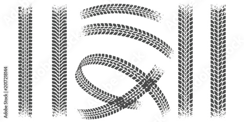 Konstfotografi Set of black car tire tracks and rubber tread marks for automotive and off road