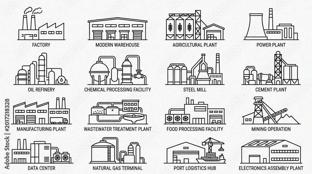 Obraz premium Industrial Facilities Line Icons: Manufacturing Energy Logistics Tech