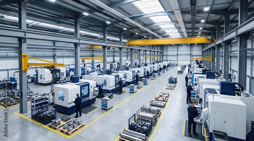 Precision Manufacturing Factory Floor: Workers Operating Modern CNC Machines