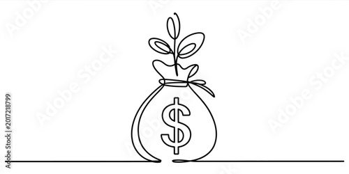  Continuous line drawing of a money bag with a growing plant and dollar sign, symbol of financial investment and wealth growth.