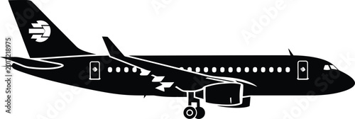 Foto Black Airplane Flying on White Background Silhouette
