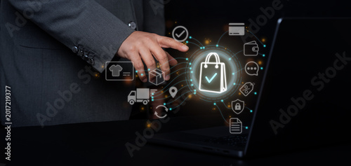 Digital payment lines move through the laptop system as package and delivery symbols complete the ecommerce journey from transaction to customer.