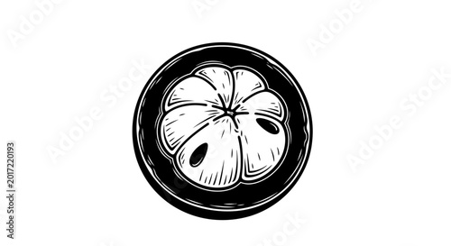 Photos Black and white graphic illustration of a half cut mangosteen fruit