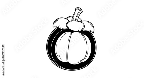 Foto Black and white illustration of a mangosteen fruit on white background