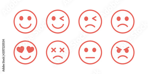   Set of Eight Minimalist Red Line Emoji Icons Representing Different Emotions and Facial Expressions