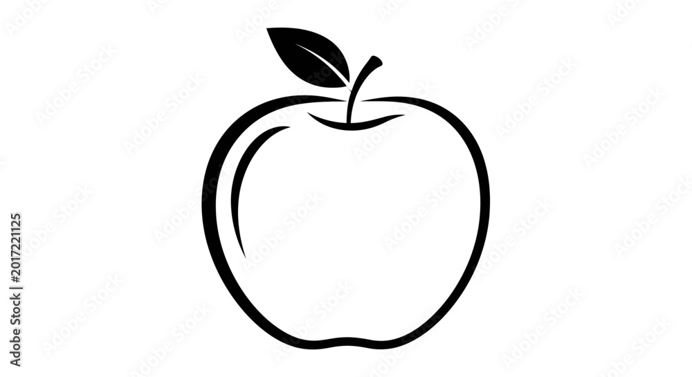 Fototapeta premium Black and white outline of an apple with a leaf on white background