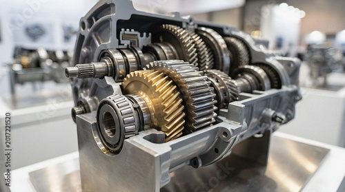 Gearbox cross section with gears and bearings for automotive industry