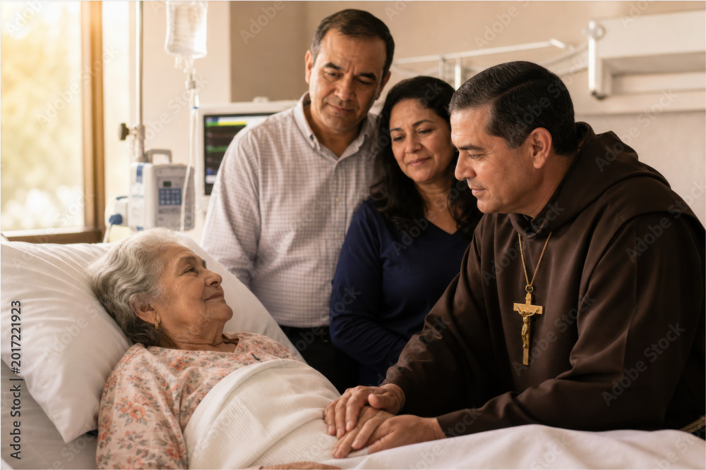 Obraz premium Church father meeting senior women in hospital, priest visiting elderly patients, spiritual care and religious support at medical ward. Faith, compassion and community service concept graphic