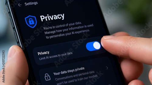 User toggling “Privacy” setting in AI app, control regained, macro focus