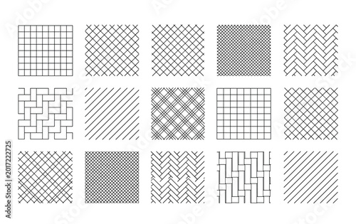 Minimalist geometric pattern set, 15 black and white linear textures, seamless architectural hatch swatches, modern abstract line art vector collection