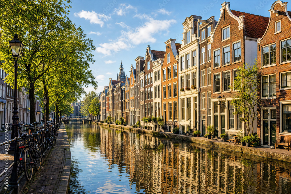 Naklejka premium Amsterdam canal houses along a tree-lined canal with bicycles