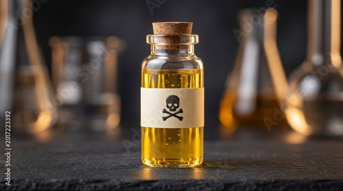 Glass bottle filled with yellow liquid and poison symbol label. Chemical flask in laboratory setting. Concept of toxic substance, dangerous chemical research and hazardous material handling.