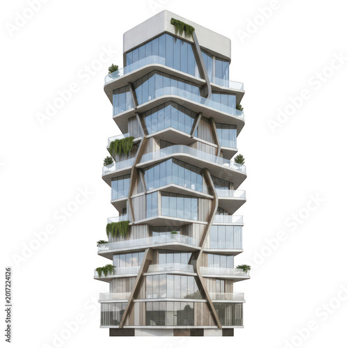 Multi-story residential building with geometric facade isolated on a transparent background