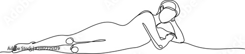 Obraz na płótnie Minimalist line drawing of a woman lying down, resting head on hand, with clothespin on foot