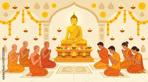 Buddhist monks and devotees gather around the Buddha statue in a temple