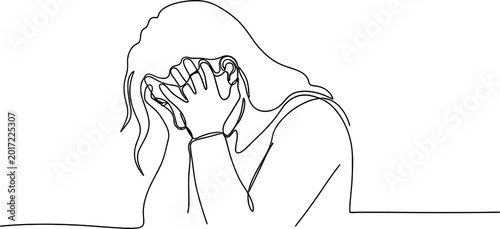 Obraz na płótnie Single Line Drawing Of Woman Crying And Covering Face With Hands, Emotional Dist