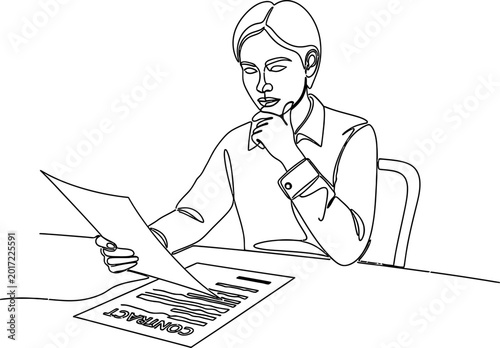 Photos Businessperson reviewing contract document at desk, thoughtful expression, singl